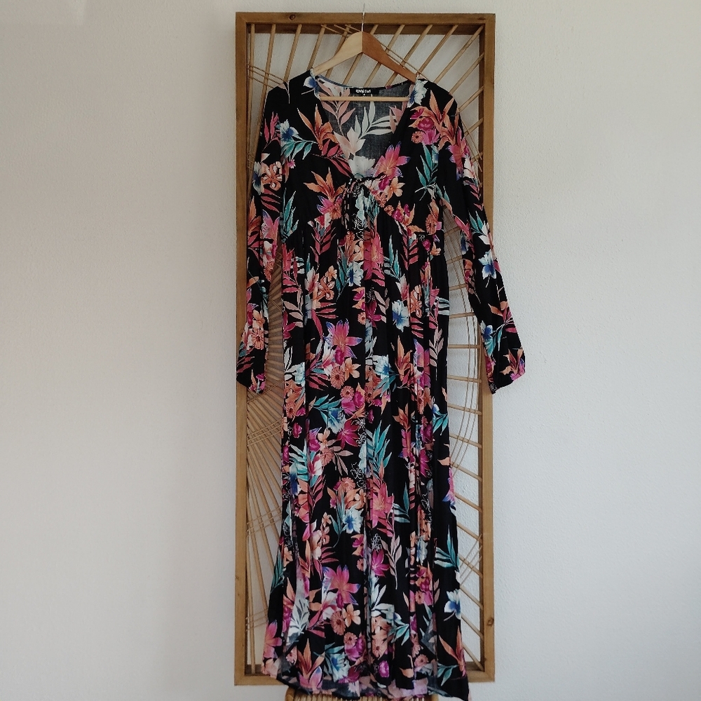 Rip Curl Sun Drenched Hawaiian Floral Long Sleeve Maxi Dress Kimono /